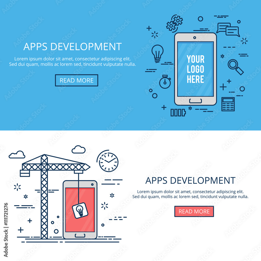 Poster thin line flat design mobile development. vector banner set.
