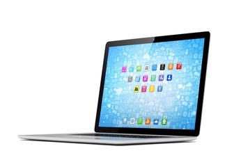 3d rendering of a laptop with blue wallpaper with app icon