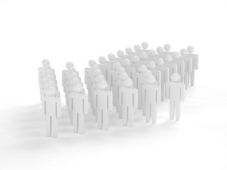 Many 3d people figure in arrow shape with the leader in front. 3d rendering.
