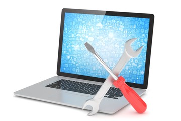 3D Illustration Wrench and screwdriver on laptop, service concept