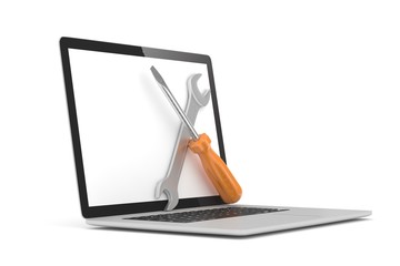 3D Illustration Wrench and screwdriver on laptop, service concept