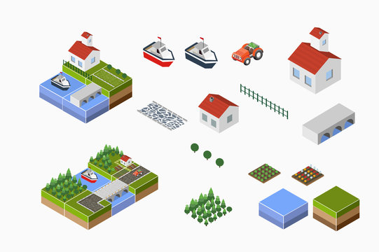 Isometric landscape of countryside with farm, tractor, harvest, the beds and the river.