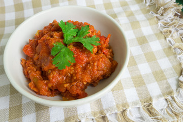 Thai Northern local Style minced Pork and Tomato Relish paste dip. Nam Prik Ong. 
very famous spicy yummy hot chilli pepper paste sauce.
