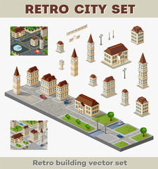 Big set of retro buildings and structures of urban infrastructure. Landscapes and scenery retro style city.