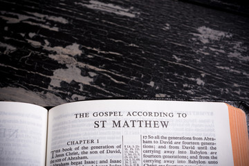 King James BIble open to the beginning of the book of Matthew