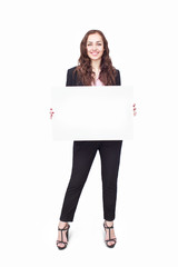 happy woman holding white blank paper
