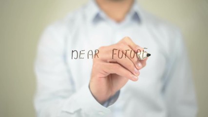 Dear Future, I am Ready, Man writing on transparent screen