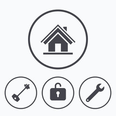 Home key icon. Wrench service tool symbol.