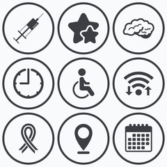 Medicine icons. Syringe, disabled, brain.