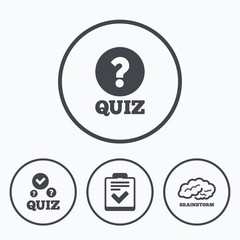 Quiz icons. Checklist and human brain symbols.