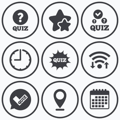 Quiz icons. Speech bubble with check mark symbol