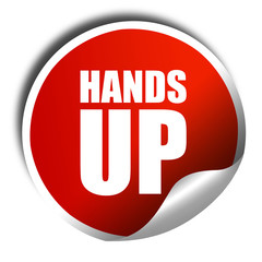 hands up, 3D rendering, a red shiny sticker