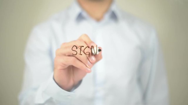 Sign In, Man Writing on Transparent Screen