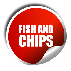 fish and chips, 3D rendering, a red shiny sticker