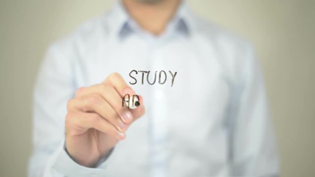 Study Abroad, Man Writing on Transparent Screen