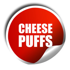 cheese puffs, 3D rendering, a red shiny sticker