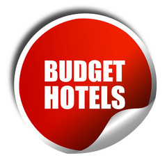 budget hotels, 3D rendering, a red shiny sticker