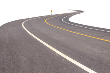 Black asphalt road with white and yellow line isolated on white