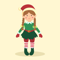 Illustration of christmas greeting card with braid elf girl in simple cream background.