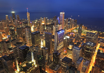 Chicago skyline and Lake Michigan at dusk