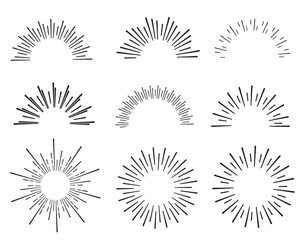 hand drawn sunbursts and frame, vector illustration, graphic design, sunburst set, collection set