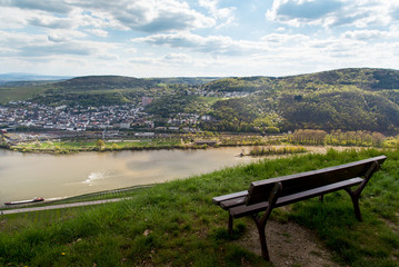 Bench with the view of winery in Wiesbaden, Hesse, in the Rheingau wine-growing region of Germany.