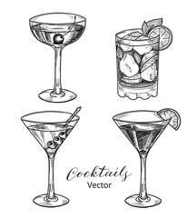 Hand drawn set of alcoholic cocktails