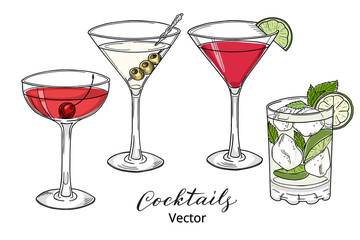 Hand drawn set of alcoholic cocktails