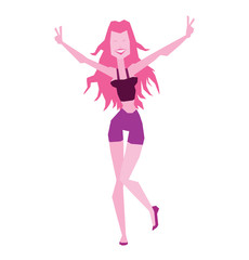 Vector cartoon image of a dancing girl with long pink hair in purple shorts and black tank top on a white background. Made in a flat style in lilac tones. Vector illustration.
