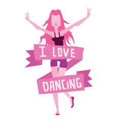 Obraz na płótnie Canvas Vector emblem with cartoon image of a dancing girl with long pink hair in purple shorts, black tank top and banner with lettering 