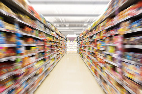 Abstract blurred photo of store in department store, Empty supermarket aisle, Motion blur
