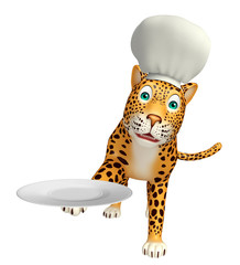 cute Leopard cartoon character with chef hat and dinner plate