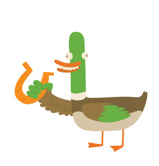 Vector cartoon image of funny "good luck" duck with brown-green body, the green head and orange beak, paws standing with golden horseshoe in wing on a white background. Wordplay. Vector illustration.