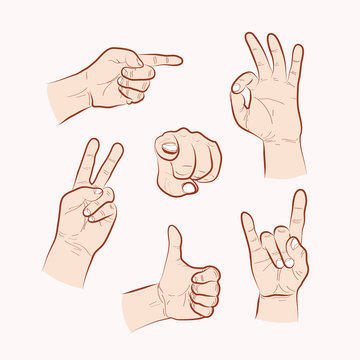 Set of various hand gestures, hand drawn outline illustration. Vector