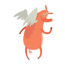 Vector cartoon image of a funny pink pig with white wings behind his back, standing his back and smiling on a white background. Cute pig with a long nose. Hand-drawing style. Vector illustration.