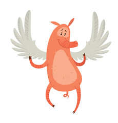 Vector cartoon image of a funny pink pig with white wings behind his back hanging in the air and smiling on a white background. Cute pig with a long nose. Hand-drawing style. Vector illustration.