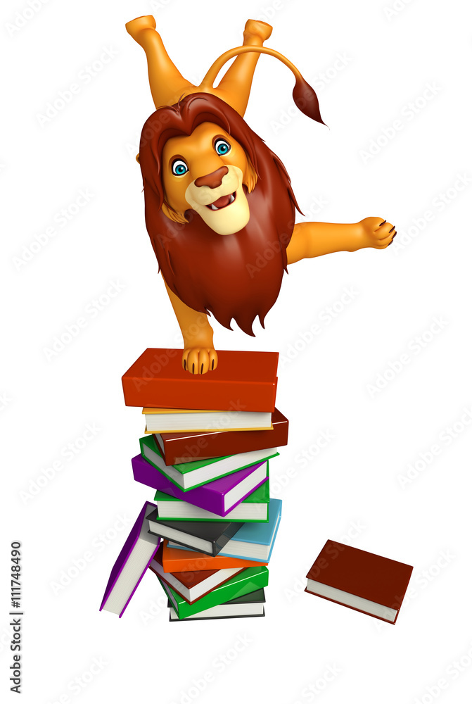 Wall mural fun Lion cartoon character with book