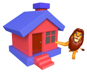 fun  Lion cartoon character with home