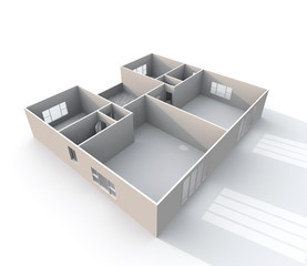 3d interior rendering oblique view of empty paper model home apartment: room, bathroom, bedroom, kitchen, living-room, hall, entrance, door, window, balcony