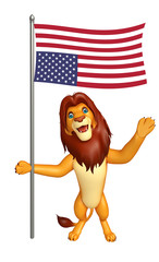 fun Lion cartoon character with flag