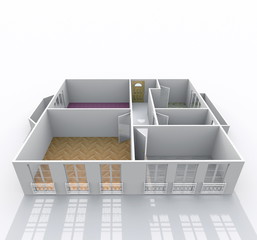3d interior rendering oblique view of empty roofless home apartment with floor materials: room, bathroom, bedroom, kitchen, living-room, hall, entrance, door, window, balcony
