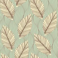 a seamless pattern tile with stylized leaves sliding on water surface in pale blue and brown shades