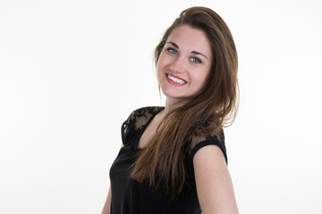 Pretty excited woman happy smile, young attractive girl portrait