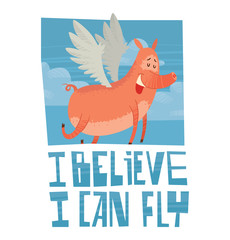 Vector card with the blue sky, clouds and with cartoon image of funny pink pig with long nose, with wings behind his back flying with eyes closed on white background. Inscription 