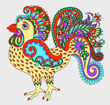 original retro cartoon chicken drawing, symbol of 2017 new year 