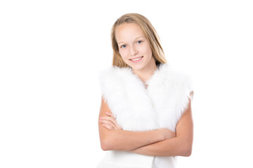 Smiling girl in furry waistcoat