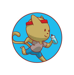 Vector image of a round blue frame with a cute gray cat in blue shorts and gray T-shirt with a bottle of water in his paw jogging in the center on a white background. Vector sport illustration.