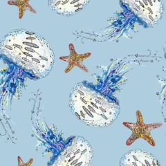 Fototapety  Akwarela meduzy i wzór rozgwiazdy