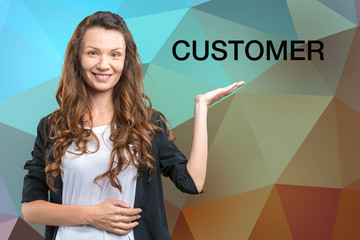 Beautiful business woman presenting 'Customer' inscription