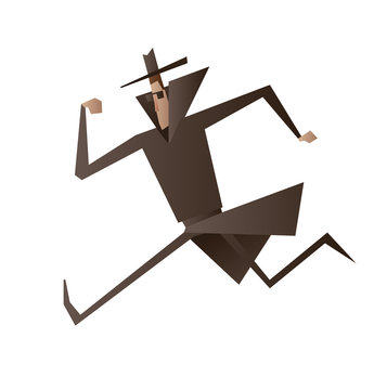 Vector cartoon image of a spy in a black coat, a hat and sunglasses running somewhere on a white background. Espionage, surveillance, paranoia. Big brother is watching you.